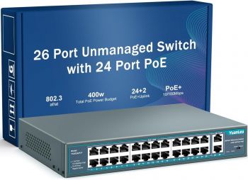24 Port PoE Switch with 2 Gigabit Ethernet Uplink Port, Unmanaged 26 Port 802.3af/at 400W Power PoE+ Network Switch, Rac